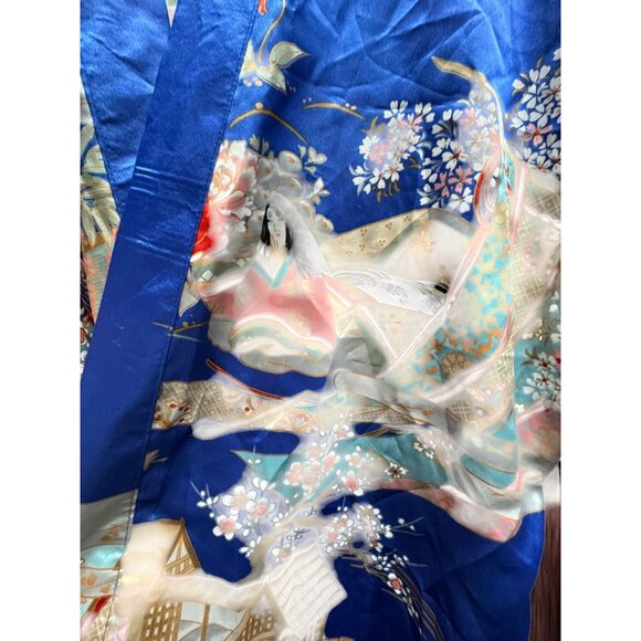 Vintage Ichi Ban Japanese Kimono Robe With Scenic Print & Tie Belt - Size 42 - Picture 9 of 14